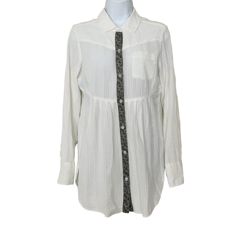 Free People White SeerSucker Blouse Sz 8 Button Tunic Top Floral Trim L/S White